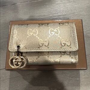 Gucci Beige Monogram Wallet with Gold Charm
